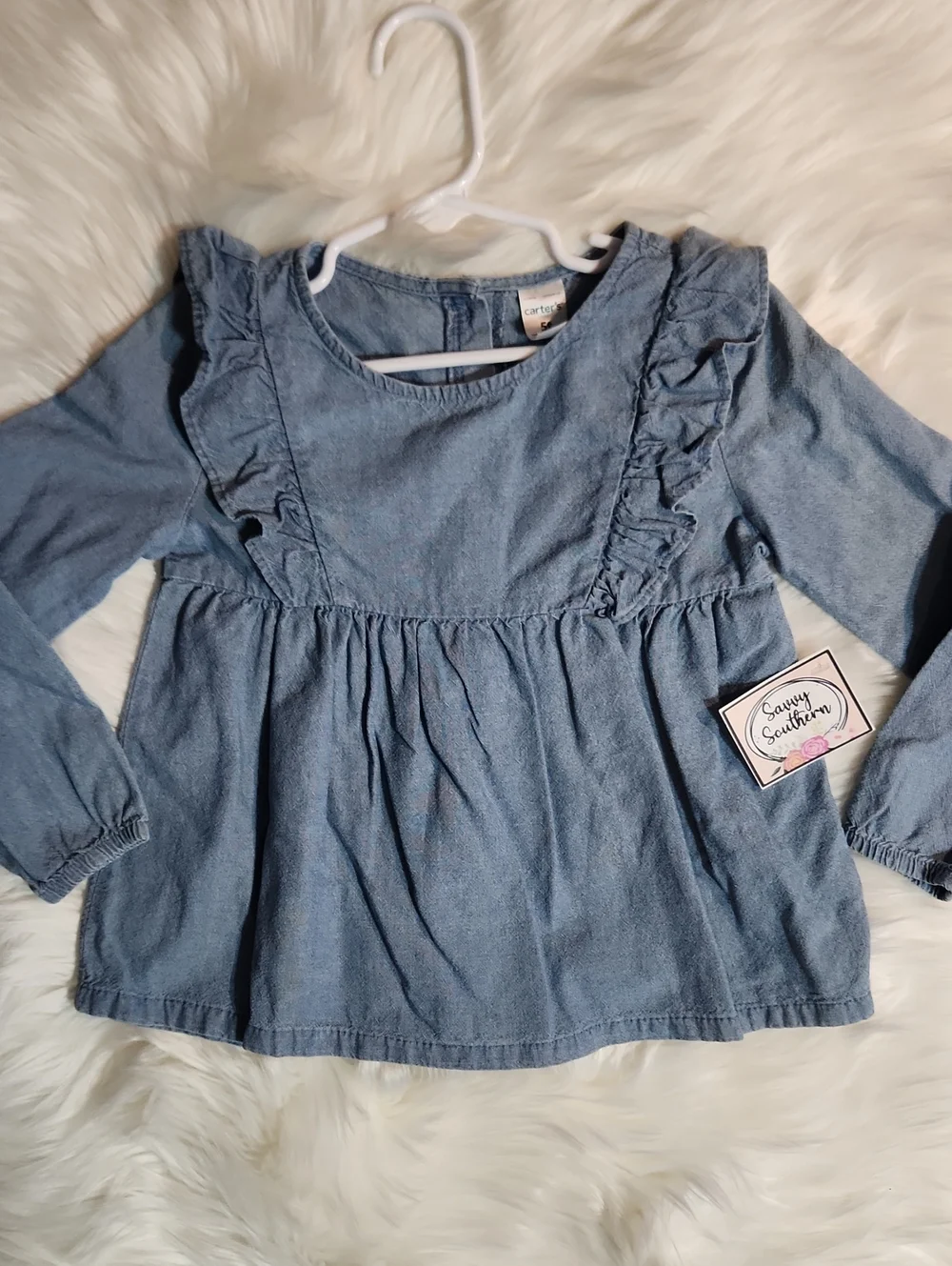Carter's Light Blue Denim-Style Ruffle Long Sleeve Top - Size 5
